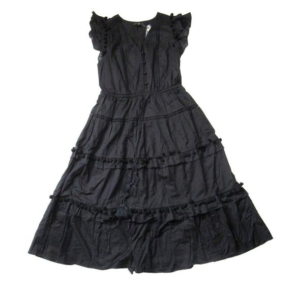 NWT J.Crew Pom-pom Midi in Black Cotton Voile Tiered Dress 6 $128
